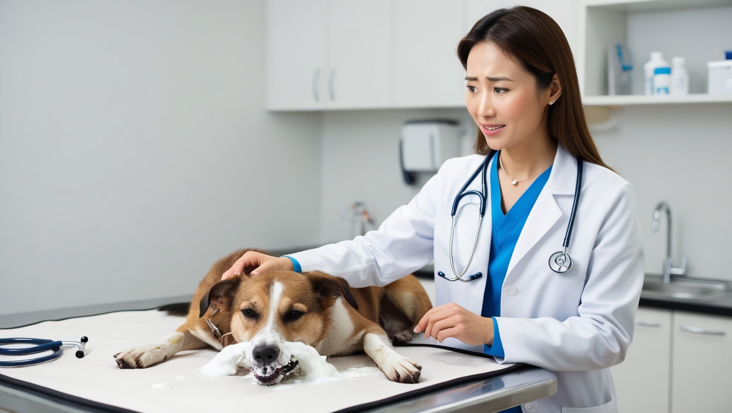 Hình ảnh một chú chó đang gặp khó khăn trong việc tiêu hóa, có thể nôn ra bọt trắng.