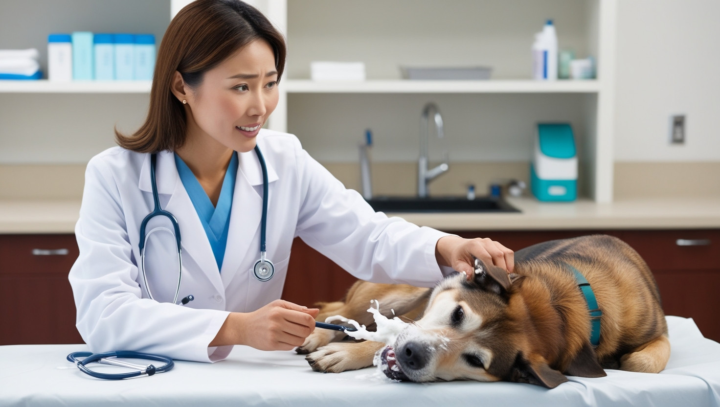 Một người chủ đang nhẹ nhàng xoa dịu chú chó của mình, thể hiện sự chăm sóc khi chó bị ốm.