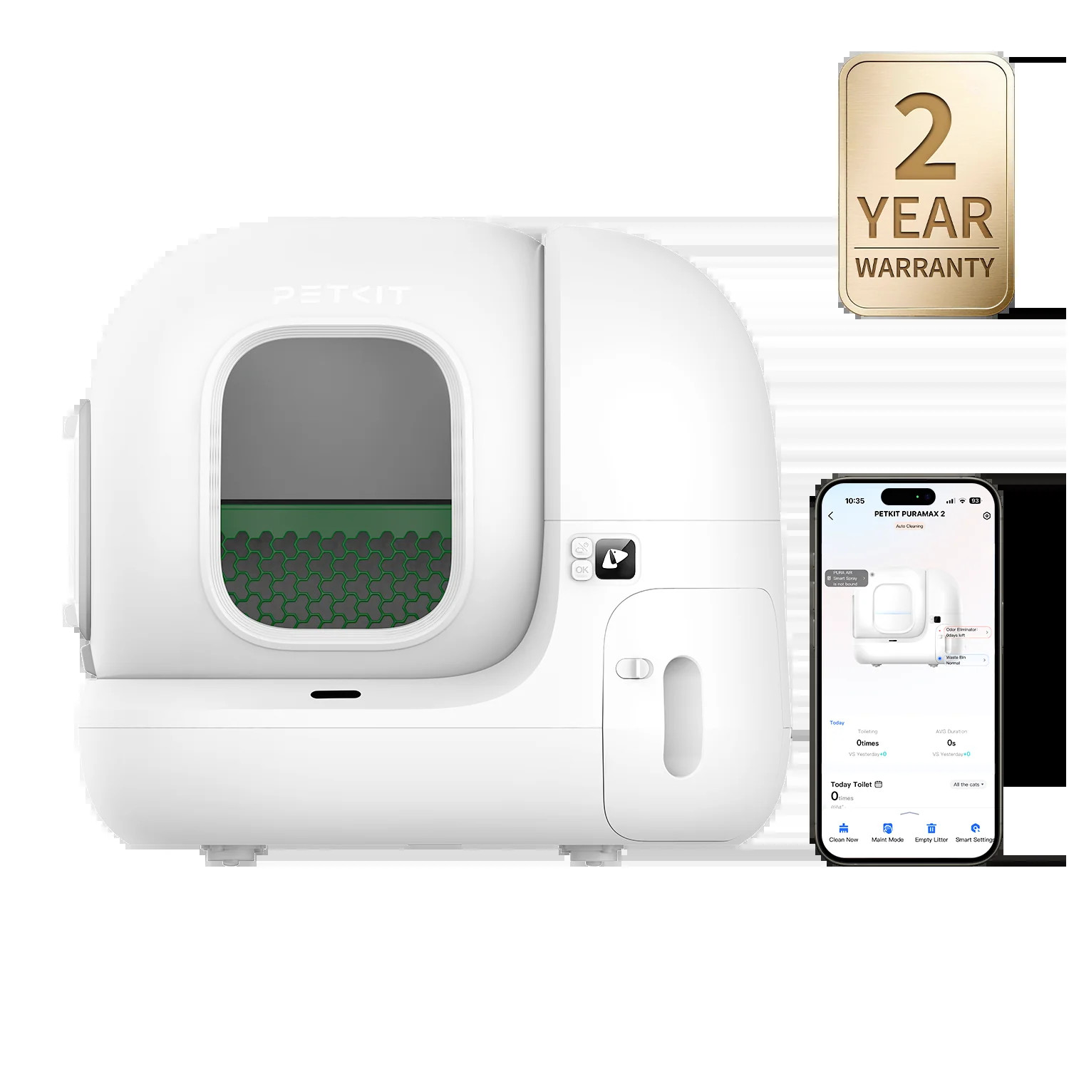 Hộp cát vệ sinh tự động PuraMax 2 với điều khiển ứng dụng trên điện thoại thông minh và bảo hành 2 năm