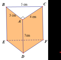 Hình ảnh lăng trụ đứng tam giác ABC.DEF với các kích thước
